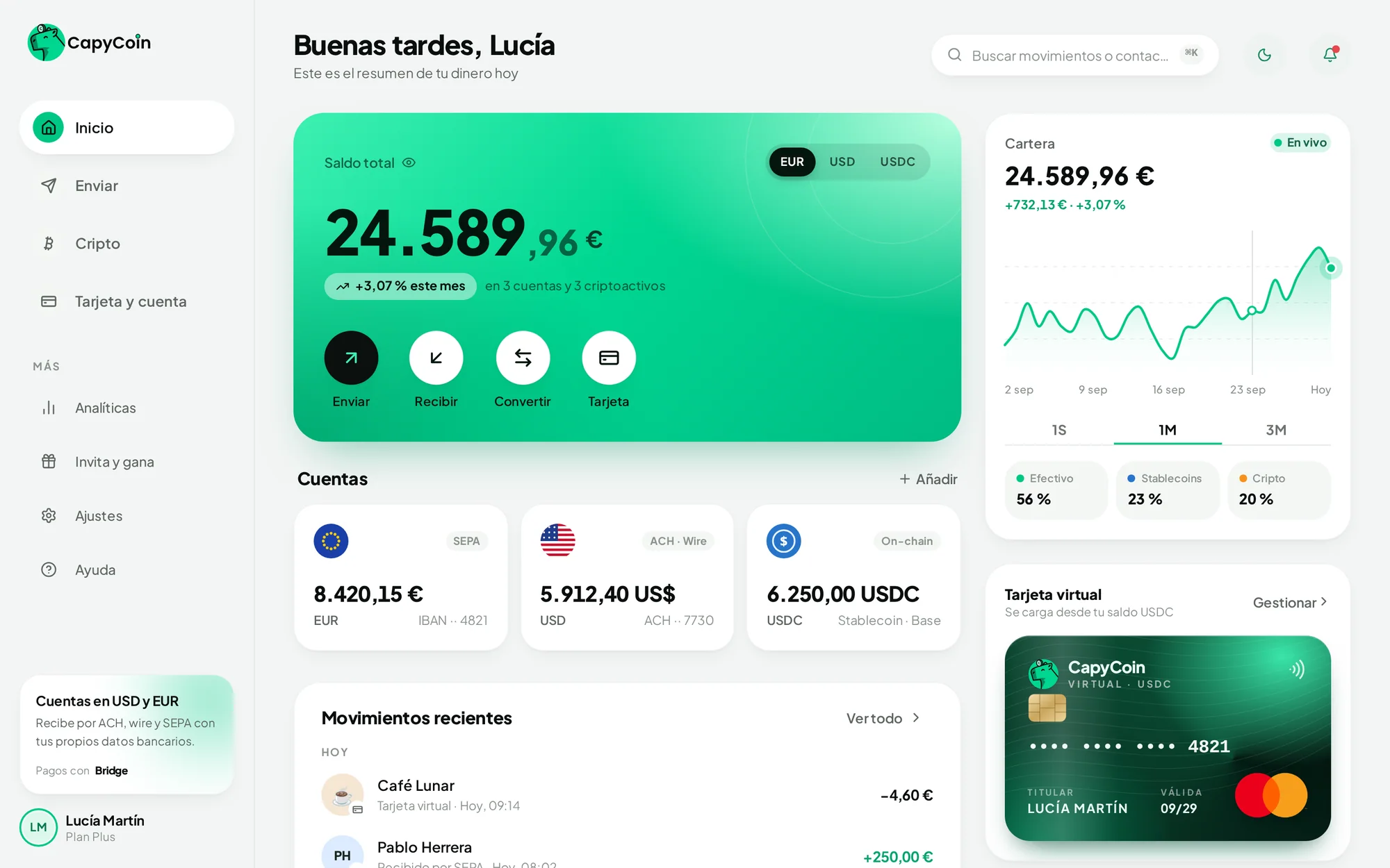 CapyCoin: inicio en escritorio (mockup)